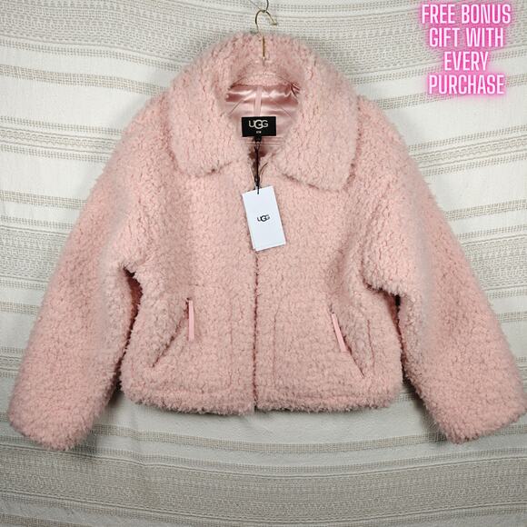 UGG Pink Sherpa Fleece Jacket Zip Front Women’s Size L NWT - Picture 1 of 11